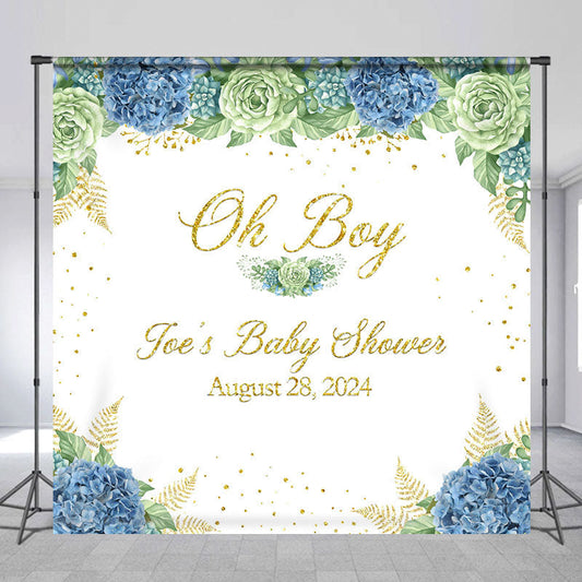 Lofaris Oh Boy White Blue Floral Custom Baby Shower Backdrop