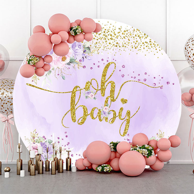 Lofaris Oh Purple Floral Glitter Baby Shower Round Backdrop