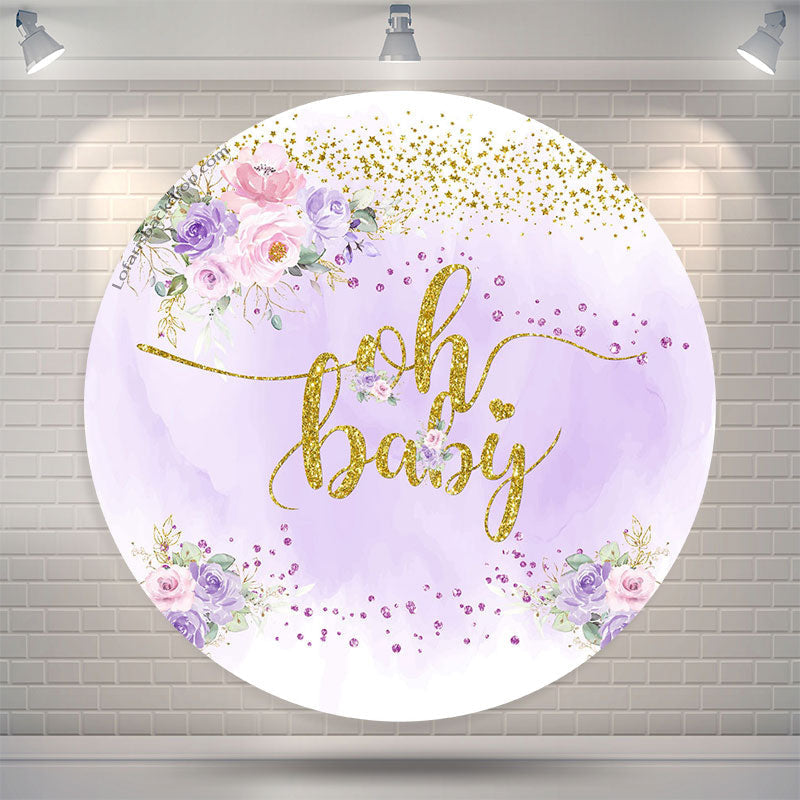 Lofaris Oh Purple Floral Glitter Baby Shower Round Backdrop