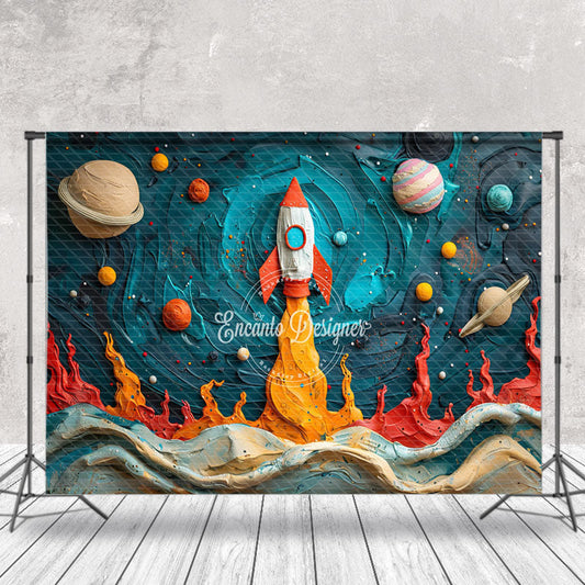Lofaris Oil Paint Planet Rocket Birthday Cake Smash Backdrop