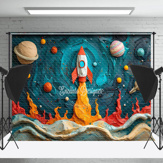 Lofaris Oil Paint Planet Rocket Birthday Cake Smash Backdrop
