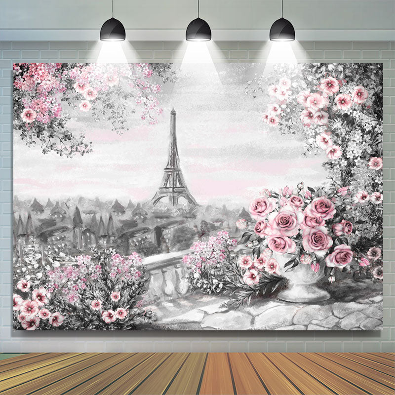 Lofaris Oil Painting Eiffel Tower Pink Floral Rose Backdrop