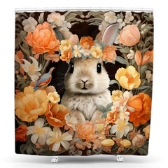 Lofaris Oil Painting Floral Cute Bunny Black Shower Curtain