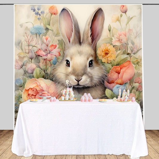 Lofaris Oil Painting Style Bunny Floral Birthday Backdrop