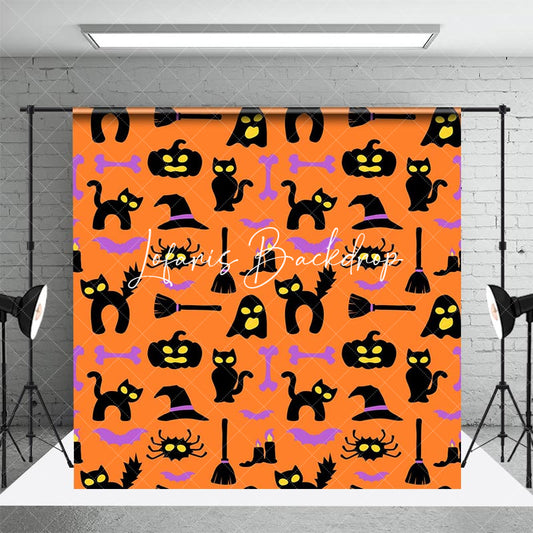 Lofaris Orange Black Pumpkins Cats Happy Halloween Backdrop