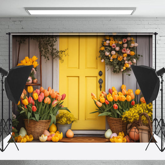 Lofaris Orange Color Floral Wood Door Eggs Easter Backdrop