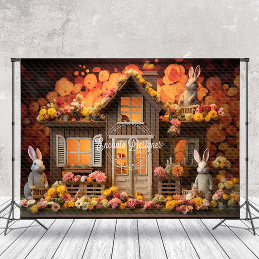 Lofaris Orange Floral Rabbits Wood House Easter Backdrop