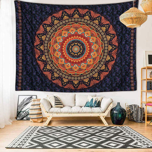 Lofaris Orange Mandala Flower Butterfly Pattern Wall Tapestry