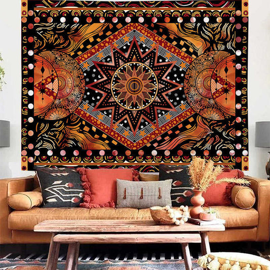 Lofaris Orange Sun Moon Star Indie Art Hippie Wall Tapestry