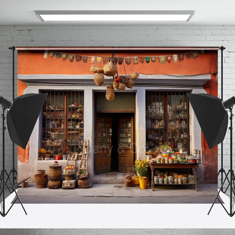 Orange Wall Grocery Store Front Photography Backdrop - Lofaris