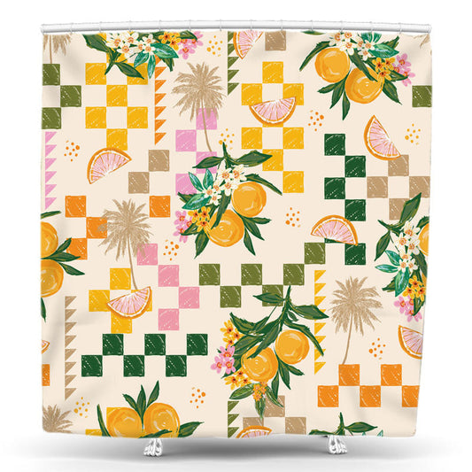 Lofaris Oranges Flowers Plaids Simple Drawing Shower Curtain