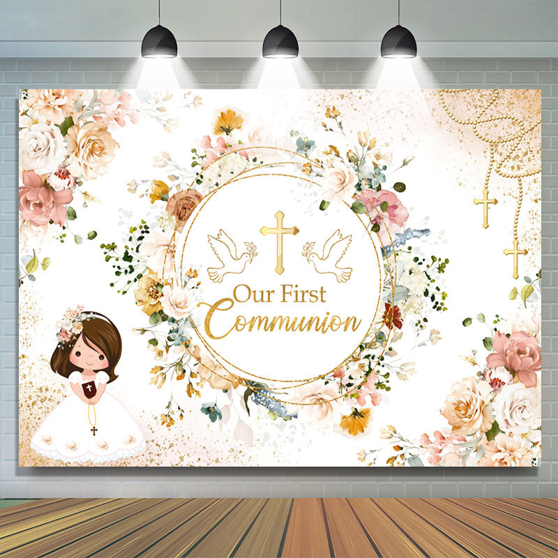 Lofaris Our First Communion Floral Girl Baptism Backdrop