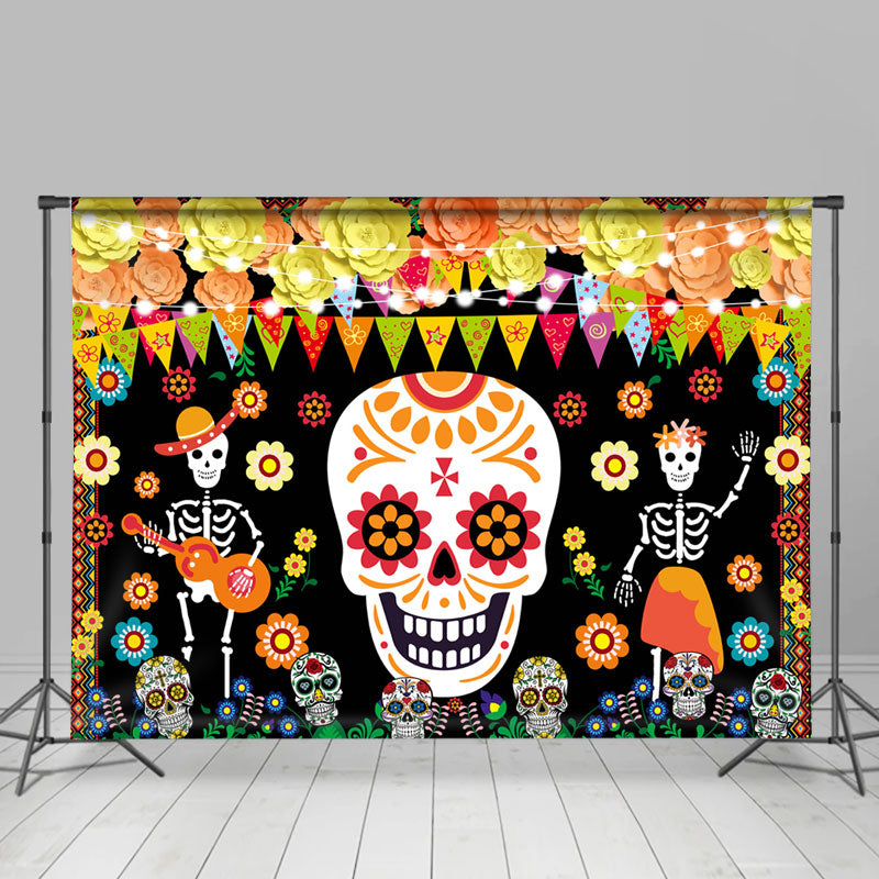 Paper Floral Skull Pattern Mexican Fiesta Backdrop - Lofaris