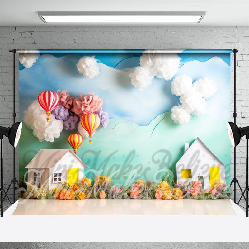 Lofaris Paper House Hot Air Balloon Flower Birthday Backdrop