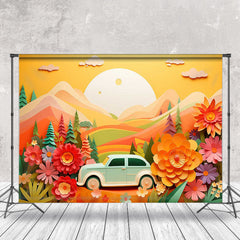 Lofaris Paper Sunset Mountain Car Flower Tree Photo Backdrop