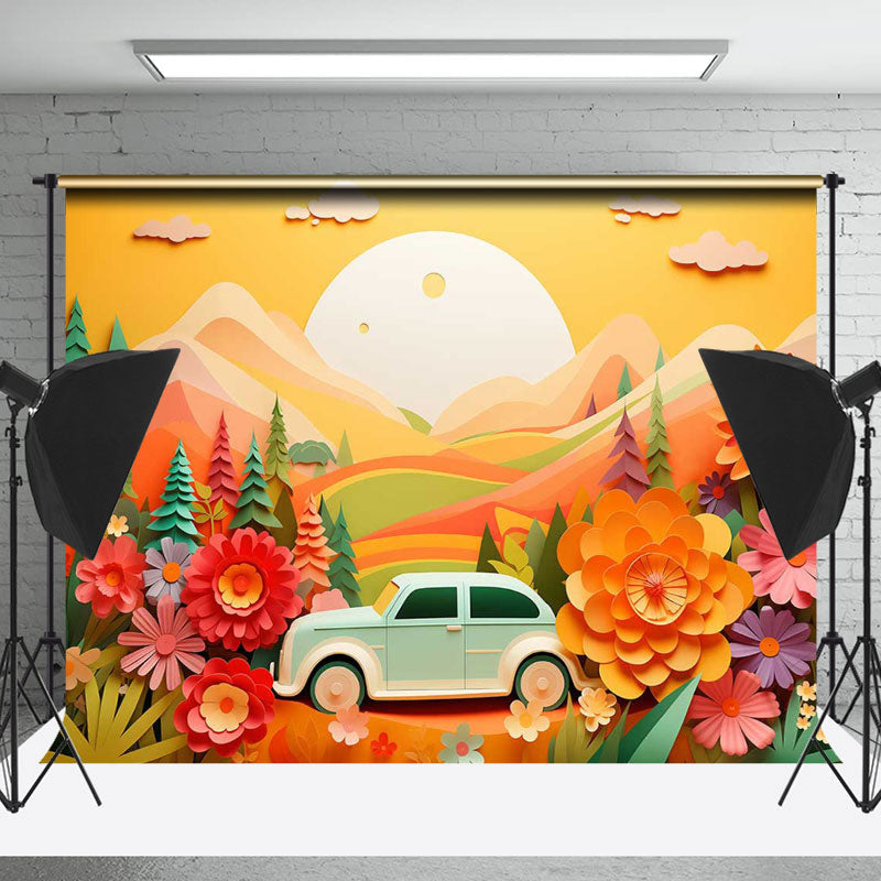 Lofaris Paper Sunset Mountain Car Flower Tree Photo Backdrop