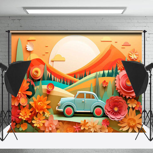 Lofaris Paper Sunset Mountain Flower Car Cake Smash Backdrop