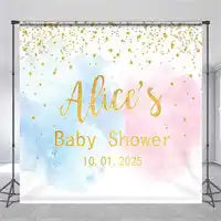 Pastel watercolor backdrop with gold text reading ’Alice’s Baby Shower 10.01.2023’’