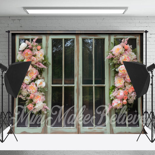 Lofaris Pastoral Green Wooden Window Pink Flowers Backdrop