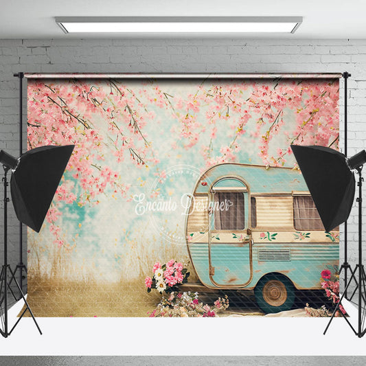 Lofaris Peach Tree Blossom Retro RV Bokeh Spring Backdrop