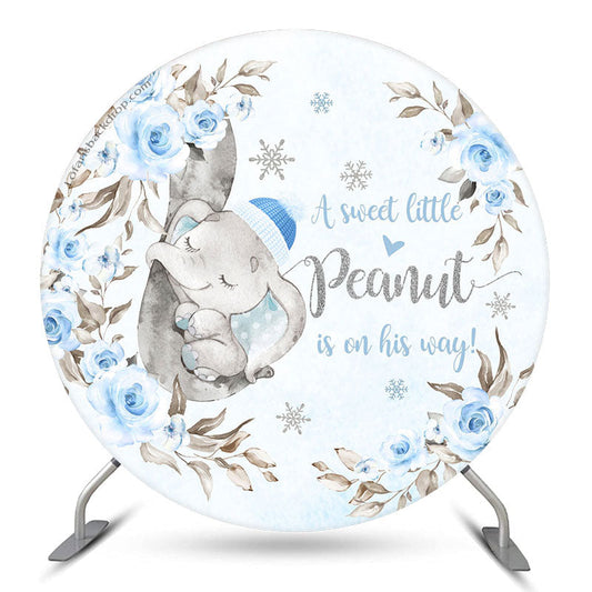 Lofaris Peanut Elephant Blue Floral Round Baby Shower Backdrop