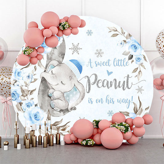 Lofaris Peanut Elephant Blue Floral Round Baby Shower Backdrop