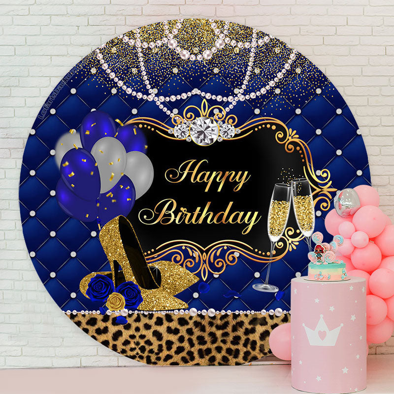 Lofaris Pearl Leopard Heel Blue Gold Birthday Round Backdrop