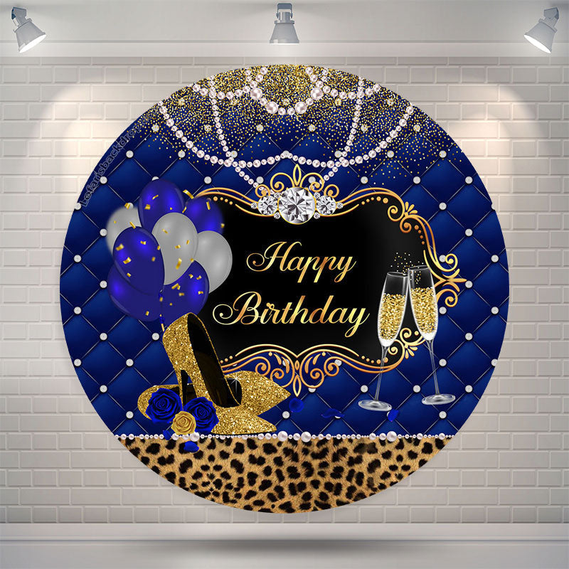 Lofaris Pearl Leopard Heel Blue Gold Birthday Round Backdrop