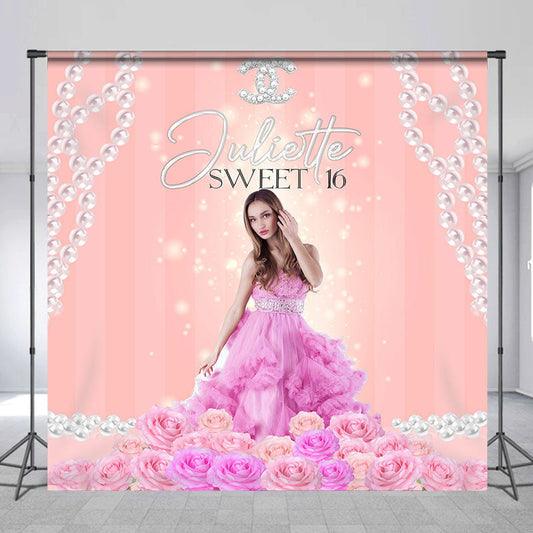 Lofaris Pearls Floral Pink Sweet Custom 16th Birthday Backdrop