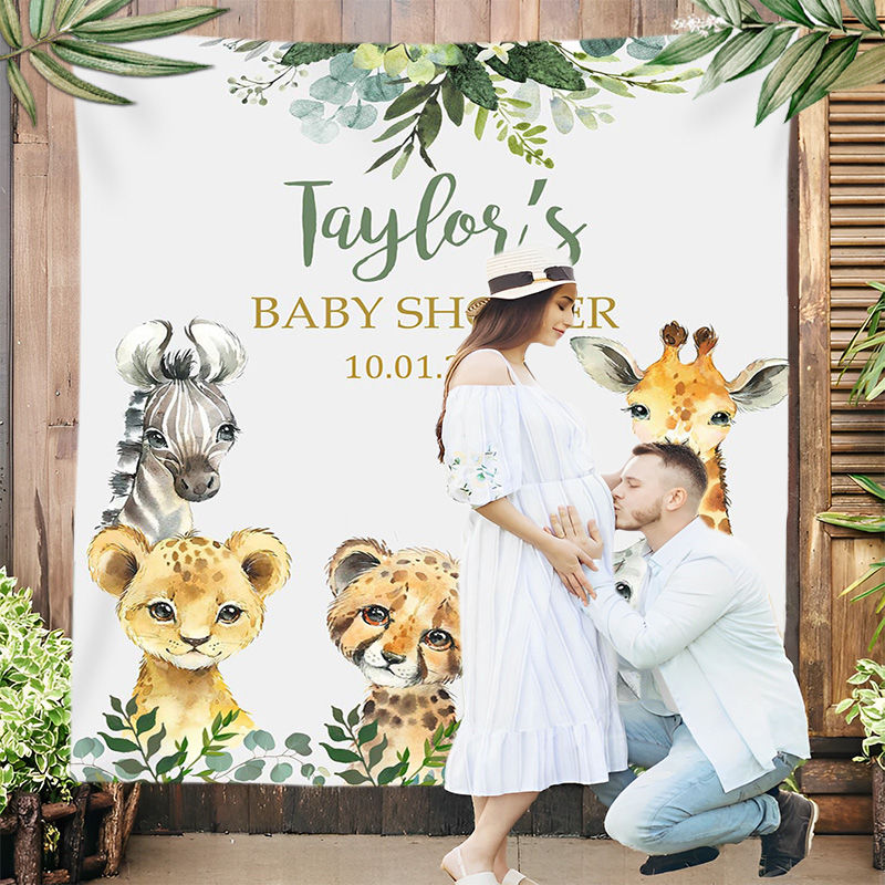 Lofaris Personalized Animal And Leaves Baby Shower Backdrop Banner