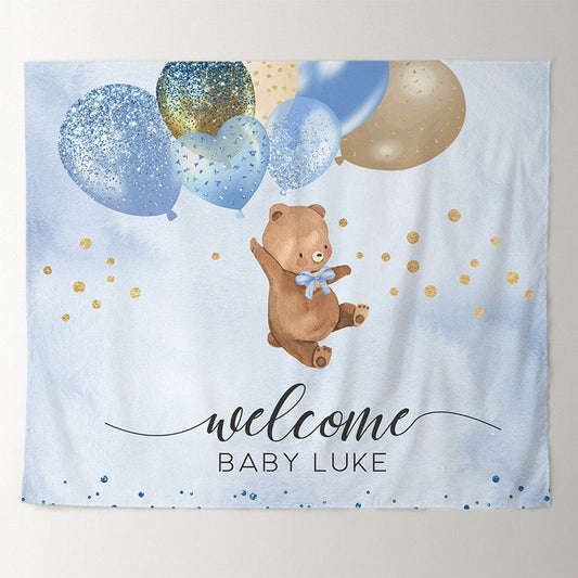 Lofaris Personalized Bear Balloon Blue Baby Shower Backdrop