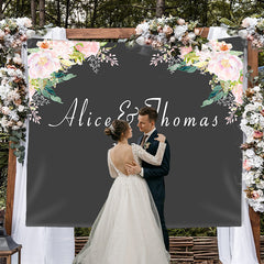 Lofaris Personalized Black Pink Floral Wedding Reception Backdrop