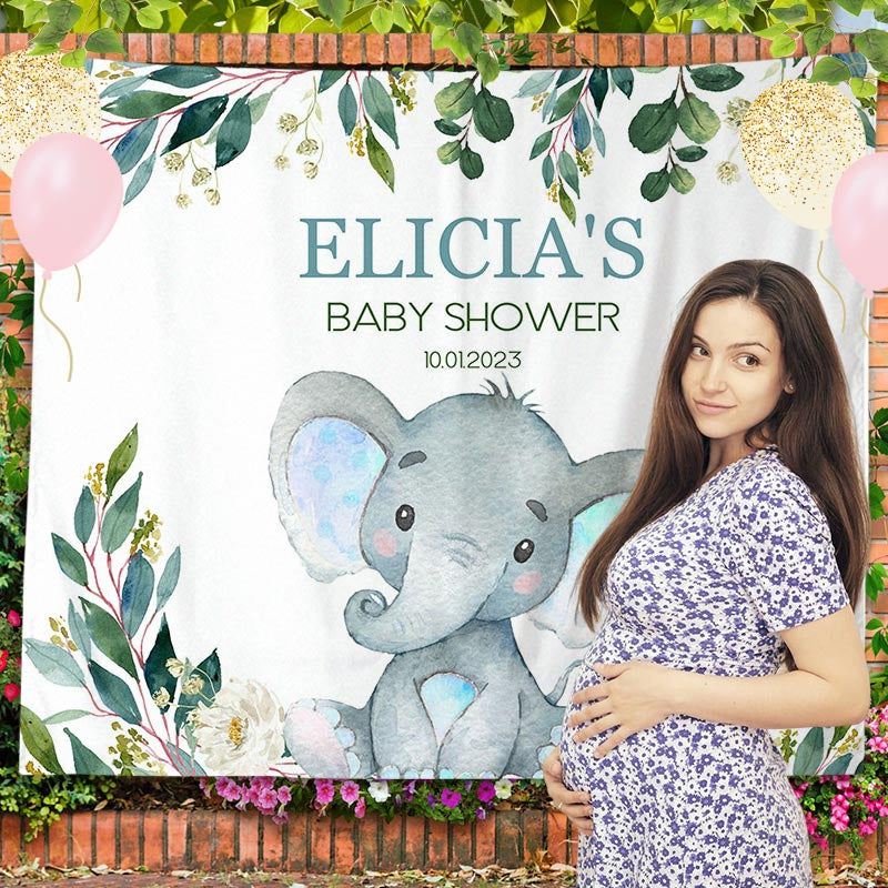 Lofaris Personalized Blue Elephant Baby Shower Backdrop Banner