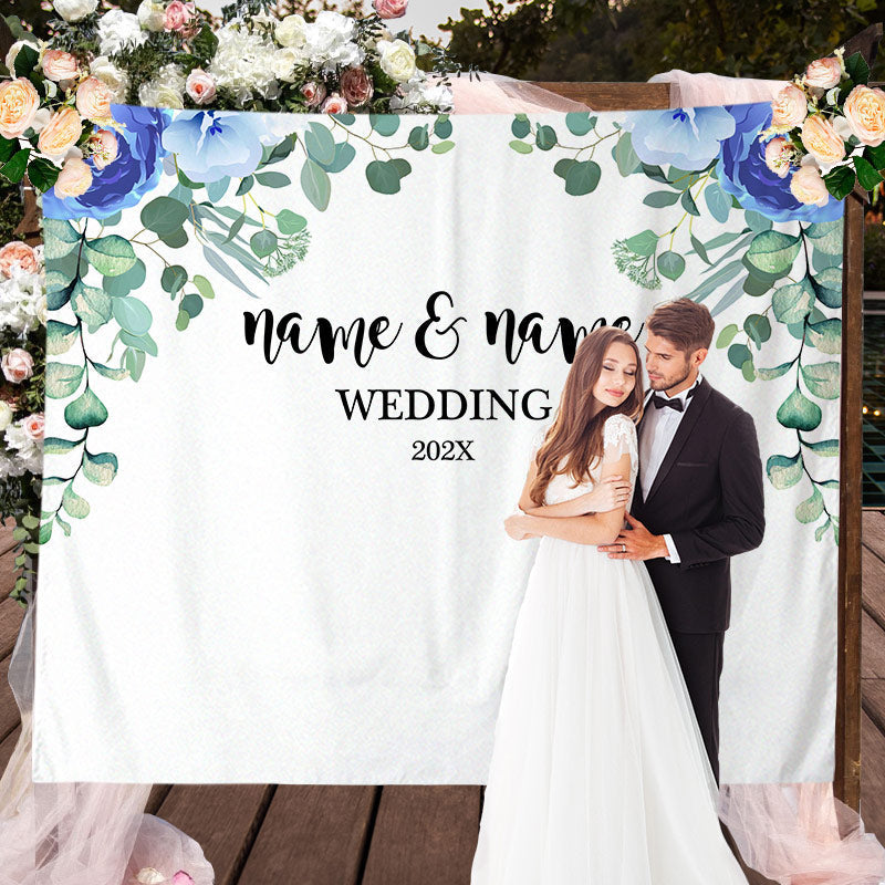 Lofaris Personalized Blue Floral Wedding Backdrop Decor Banner