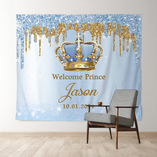 Lofaris Personalized Blue Glitter Prince Baby Shower Backdrop