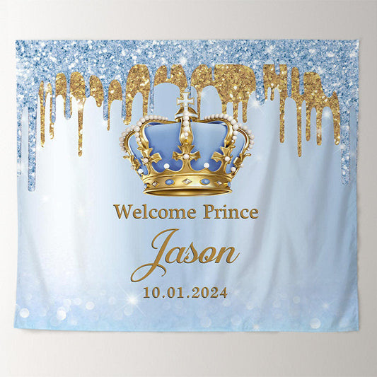 Lofaris Personalized Blue Glitter Prince Baby Shower Backdrop