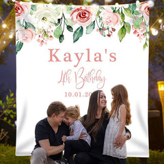 Lofaris Personalized Blush Floral Greenery Birthday Backdrop Banner