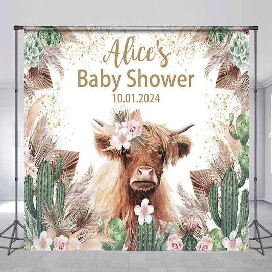 Lofaris Personalized Cactus Floral Cow Baby Shower Backdrop