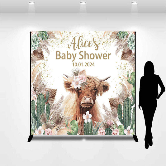 Lofaris Personalized Cactus Floral Cow Baby Shower Backdrop