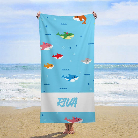 Lofaris Personalized Cute Undersea Sharks Name Beach Towel