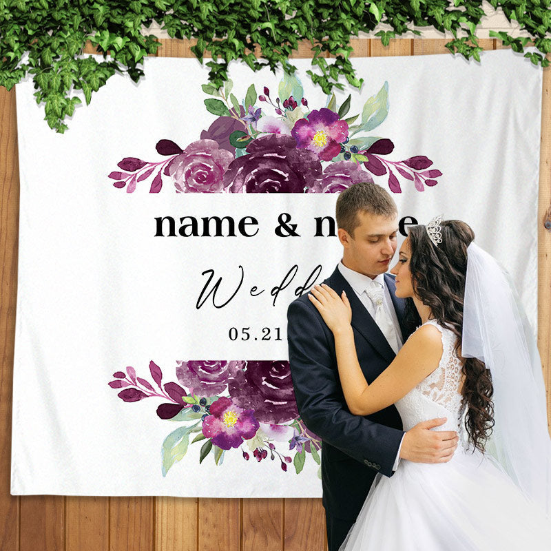 Lofaris Personalized Dark Purple Floral Wedding Backdrop Banner