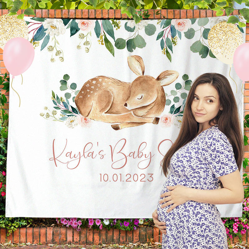 Lofaris Personalized Deer And Flower Baby Shower Backdrop Banner