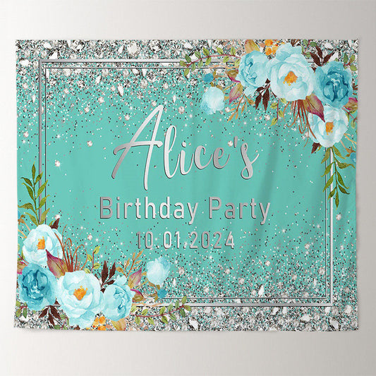 Lofaris Personalized Diamond Green Floral Birthday Backdrop