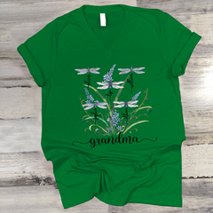 Lofaris Personalized Dragonfly Flower Nana Kids V-Neck T-Shirt