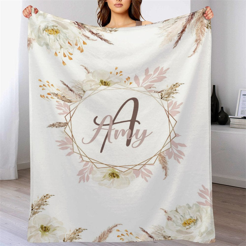 Lofaris Personalized Feathers Floral Boho Blanket With Name