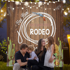Lofaris Personalized First Redeo Brown Wood Birthday Backdrop
