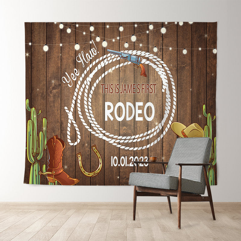 Lofaris Personalized First Redeo Brown Wood Birthday Backdrop