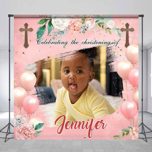 Lofaris Personalized Floral Heart Balloon Baptism Backdrop