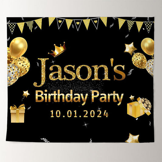 Lofaris Personalized Gold Balloons Black Birthday Backdrop