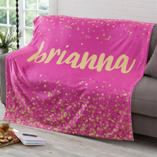 Lofaris Personalized Gold Dots Shining Pink Name Knit Blanket